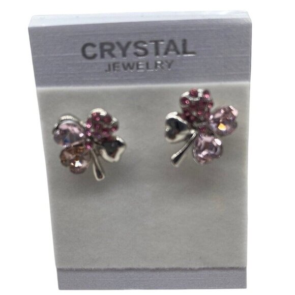 Crystal Jewelry Four Leaf Clover Earrings Pink & Silver Tone Swarovski Crystals - Picture 1 of 8
